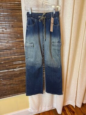 Ombre Indigo Boyfriend Cargo Jeans with Drawstring Waist